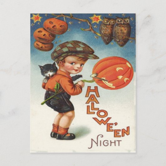 Carte Postale Citrouille Jack O Lantern Garçon Chat (Devant)