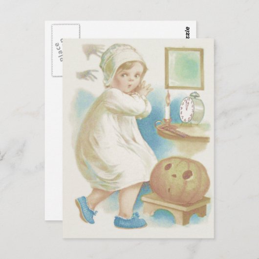 Carte Postale Citrouille Jack-o'-lantern Ghost fille mignonne (Devant / Derrière)