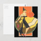 Carte Postale Citrouille Jack O Lantern Sorcière Art Déco Chat N (Devant / Derrière)