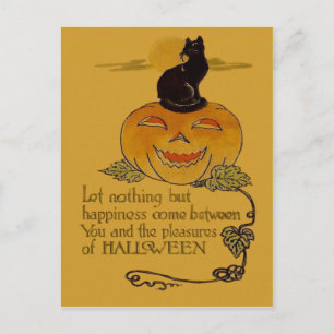 Carte Postale Citrouille Jack O Lantern Sourire Chat Noir Vigne