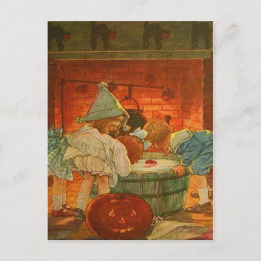 Carte Postale Citrouille Lanterne Jack Bobbing Pomme Chat Noir (Devant)