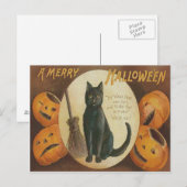 Carte Postale Citrouille Lanterne Jack Chat Noir Balai (Devant / Derrière)