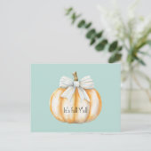 Carte Postale Citrouille orange crème à ruban bleu  (Debout devant)