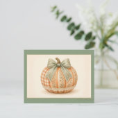 Carte Postale Citrouille patchwork gingham avec un ruban vert sa (Debout devant)