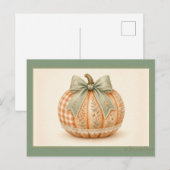 Carte Postale Citrouille patchwork gingham avec un ruban vert sa (Devant / Derrière)