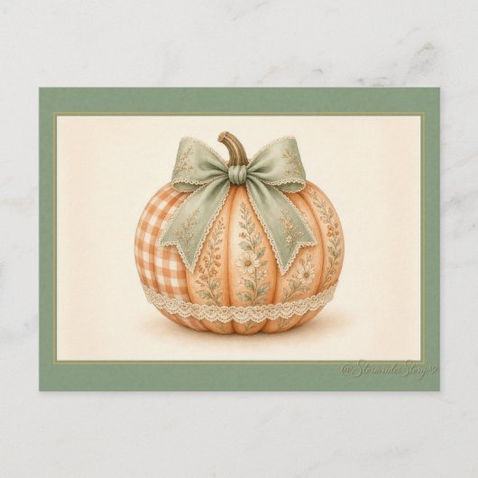 Carte Postale Citrouille patchwork gingham avec un ruban vert sa (Devant)