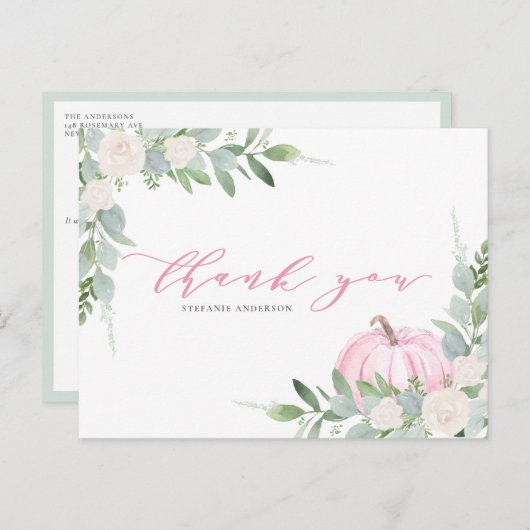 Carte Postale Citrouille rose et verdure Merci d'automne (Devant / Derrière)