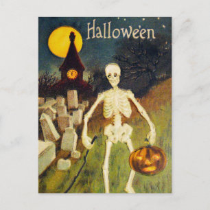 Carte postale citrouille squelette Halloween vinta