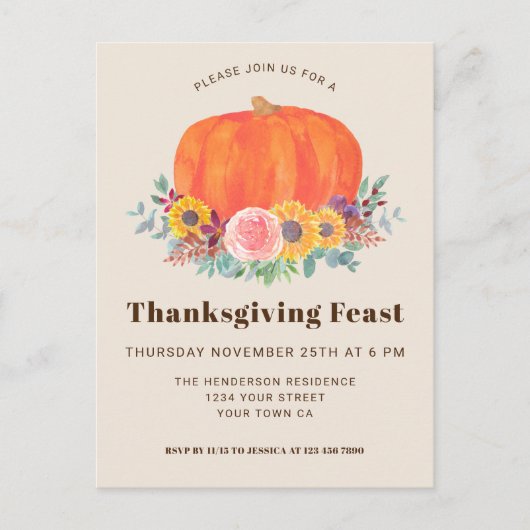 Carte postale citrouille Thanksgiving Dinner Invit (Devant)