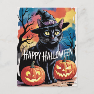 Carte Postale Citrouilles et chat noir modernes tendance pour Ha