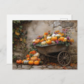 Carte Postale Citrouilles, fleurs et Feuilles dans une brouette (Devant / Derrière)
