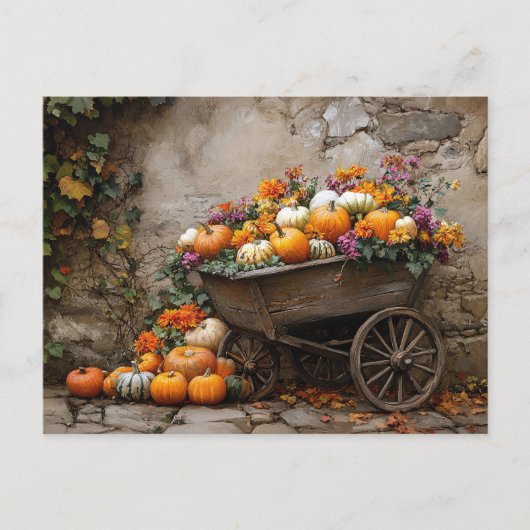 Carte Postale Citrouilles, fleurs et Feuilles dans une brouette (Devant)