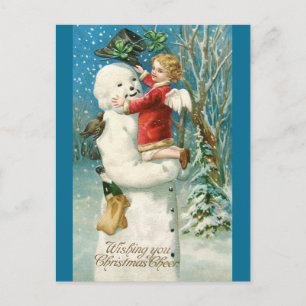 Carte Postale Clapsaddle : Snowman avec fille ange