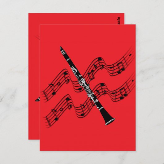 Carte Postale Clarinet sur arrière - plan rouge (Devant / Derrière)