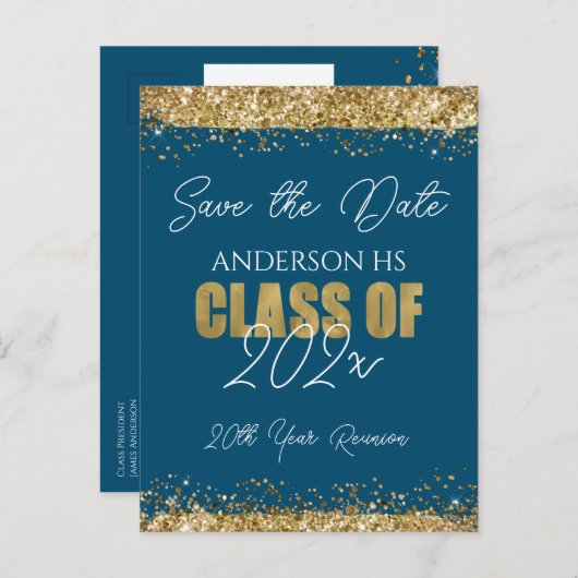 Carte Postale Classe Réunion Bleu et Or Enregistrer la date Post (Devant / Derrière)