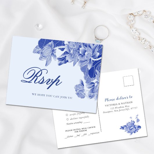 Carte Postale Classic Blue Chinoiserie Floral Wedding RSVP