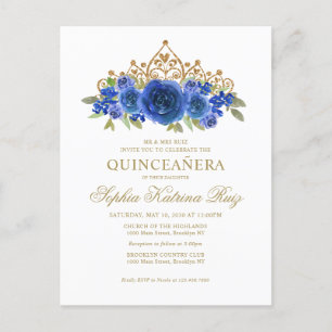 Carte Postale Classic Floral Royal Blue Gold Tiara Quinceañera