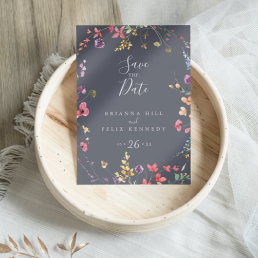 Carte Postale Classique Bleu Fleurs Sauvages Enregistrez la Date