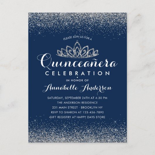 Carte Postale Classy Royal Blue Quinceañera Parties scintillant (Devant)