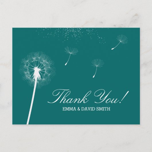 Carte Postale Classy Teal Green Dandelion Blowing Thank You (Devant)