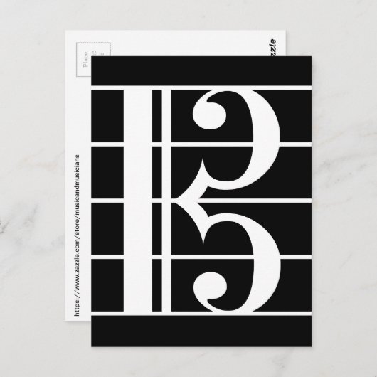 Carte Postale Clé d'Alto en Blanc sur Fond Noir - Clé d'Ut - Mus (Devant / Derrière)