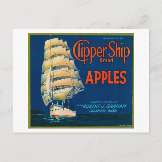 Carte Postale Clipper Ship Apple Étiquette (vert) - Cashmere, WA (Devant)