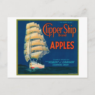 Carte Postale Clipper Ship Apple Étiquette (vert) - Cashmere, WA