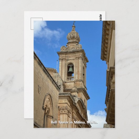 Carte Postale Clocher à Mdina, Malte. (Devant / Derrière)