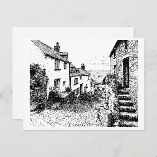Carte Postale Clovelly Village Sketch, Devon Angleterre (Devant / Derrière)