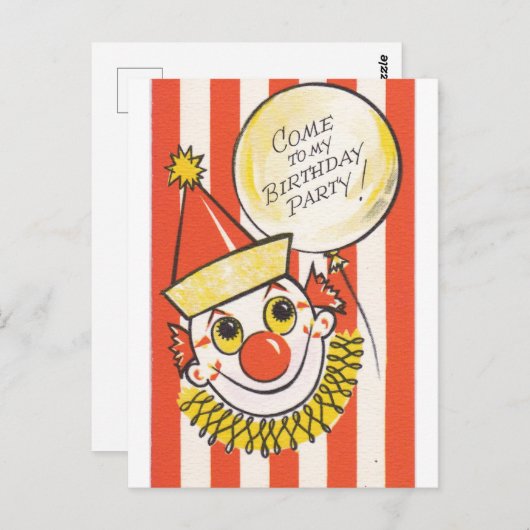 Carte Postale Clown Ancien Venez À Ma Fête D'anniversaire (Devant / Derrière)