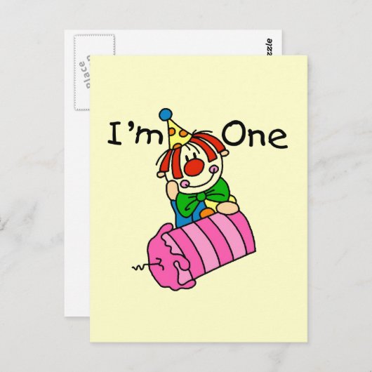 Carte Postale Clown avec bougie 1er Anniversaire Tshirts et cade (Devant / Derrière)