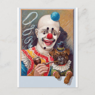 Carte Postale Clown de cirque vintage avec son chien Pug de cirq