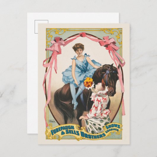 Carte Postale Clown Distribuant Des Fleurs À Une Femme À Cheval (Devant / Derrière)