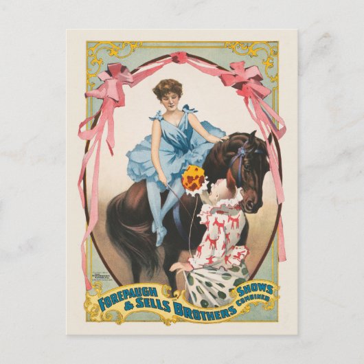 Carte Postale Clown Distribuant Des Fleurs À Une Femme À Cheval (Devant)