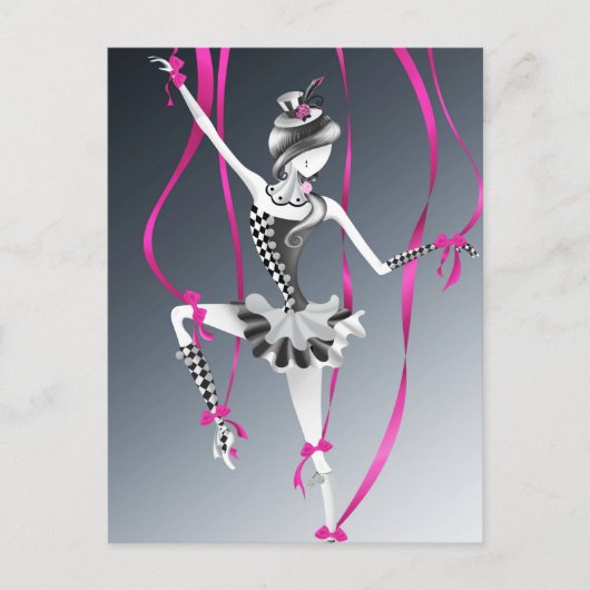 Carte postale Clown Marionnette Rubans Roses (Devant)