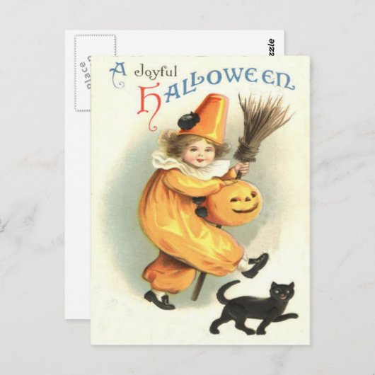 Carte Postale Clown noir Chat Jack-o'-lantern Citrouille (Devant / Derrière)