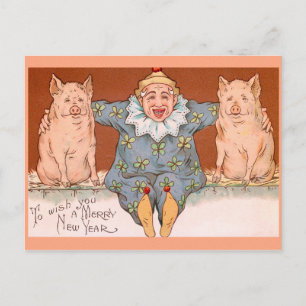 Carte Postale Clowns, cochons et symboles de chance pour la NOUV