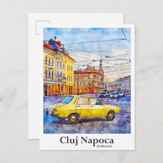 Carte Postale Cluj Napoca Roumanie Voyage Aquarelle main tirée (Devant / Derrière)