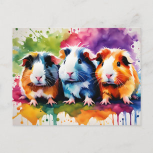 Carte Postale Cobayes mignons aux éclaboussures de couleur, sur 