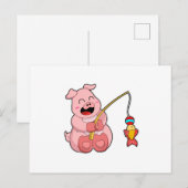 Carte Postale Cochon à la pêche avec un poisson (Devant / Derrière)