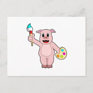 Carte Postale Cochon à la peinture avec pinceau et couleur