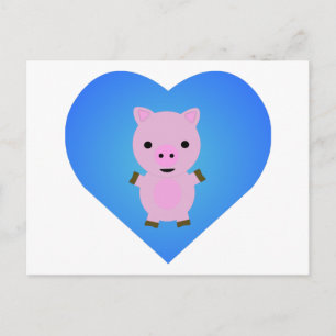 Carte Postale Cochon adorable avec un coeur bleu dans l'Arrière