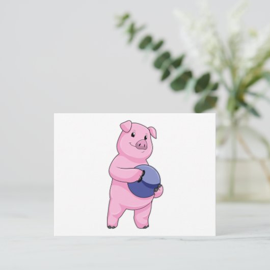 Carte Postale Cochon au bowling avec boule de bowling (Debout devant)