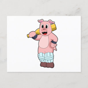 Carte Postale Cochon au cricket avec batte de cricket
