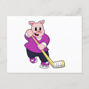 Carte Postale Cochon au hockey sur glace avec bâton de hockey su