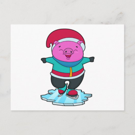 Carte Postale Cochon au patinage artistique avec patins à glace (Devant)
