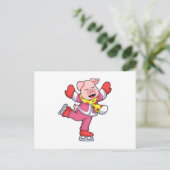 Carte Postale Cochon au patinage sur glace avec patins sur glace (Debout devant)