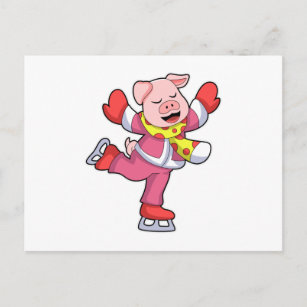 Carte Postale Cochon au patinage sur glace avec patins sur glace