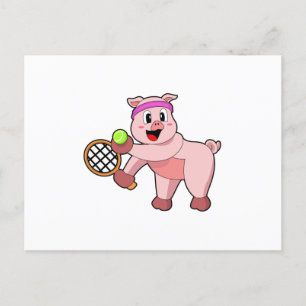 Carte Postale Cochon au tennis avec raquette de tennis