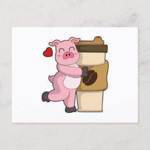 Carte Postale Cochon avec café à emporter